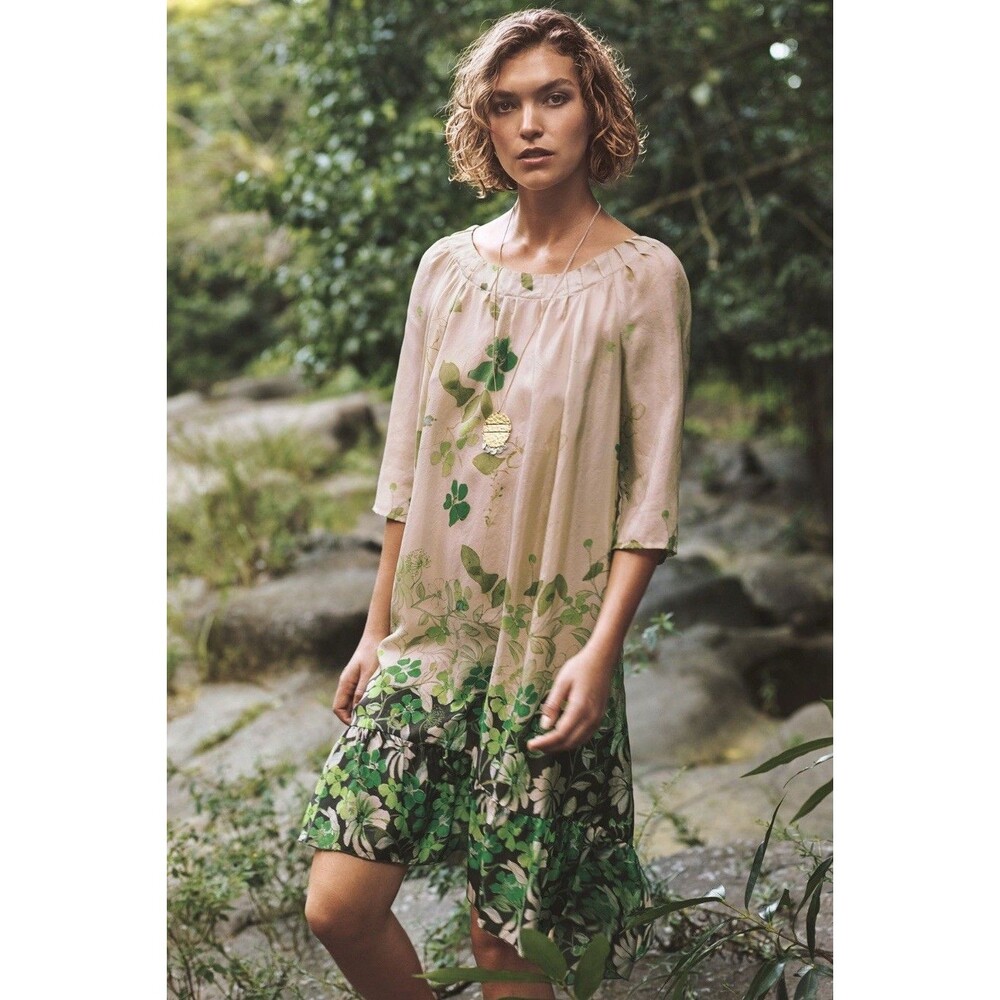 Anthropologie Vanessa Virginia Size S Rainforest 100% Silk Dress Green Floral